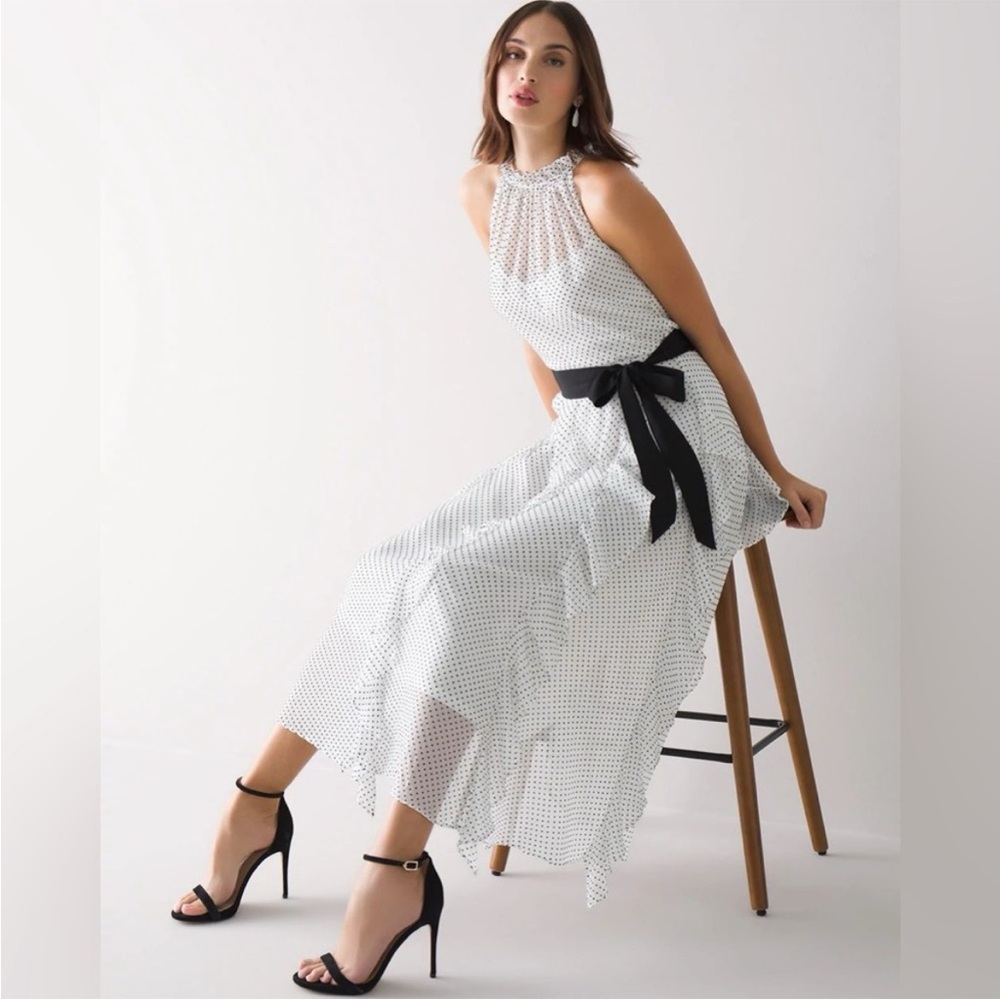 White House Black Market flock dot ruffle dress NWOT